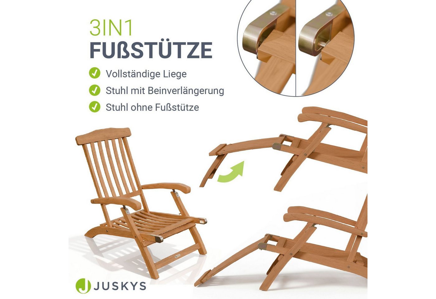 Juskys Gartenliege Evia, 1 St., Robustes Akazienholz, Klappbar, 4-fach verstellbare Rückenlehne – Bild 4 von 5