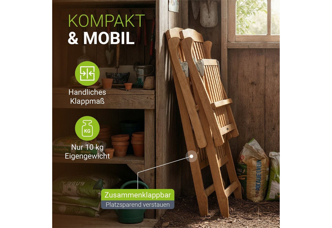 Juskys Gartenliege Evia, 1 St., Robustes Akazienholz, Klappbar, 4-fach verstellbare Rückenlehne – Bild 5 von 5