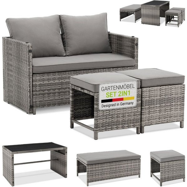 Juskys Gartenlounge-Set Jamaika, 2in1 Polyrattan Set, wetterbeständig, mit Sitzkissen, inkl. Tisch