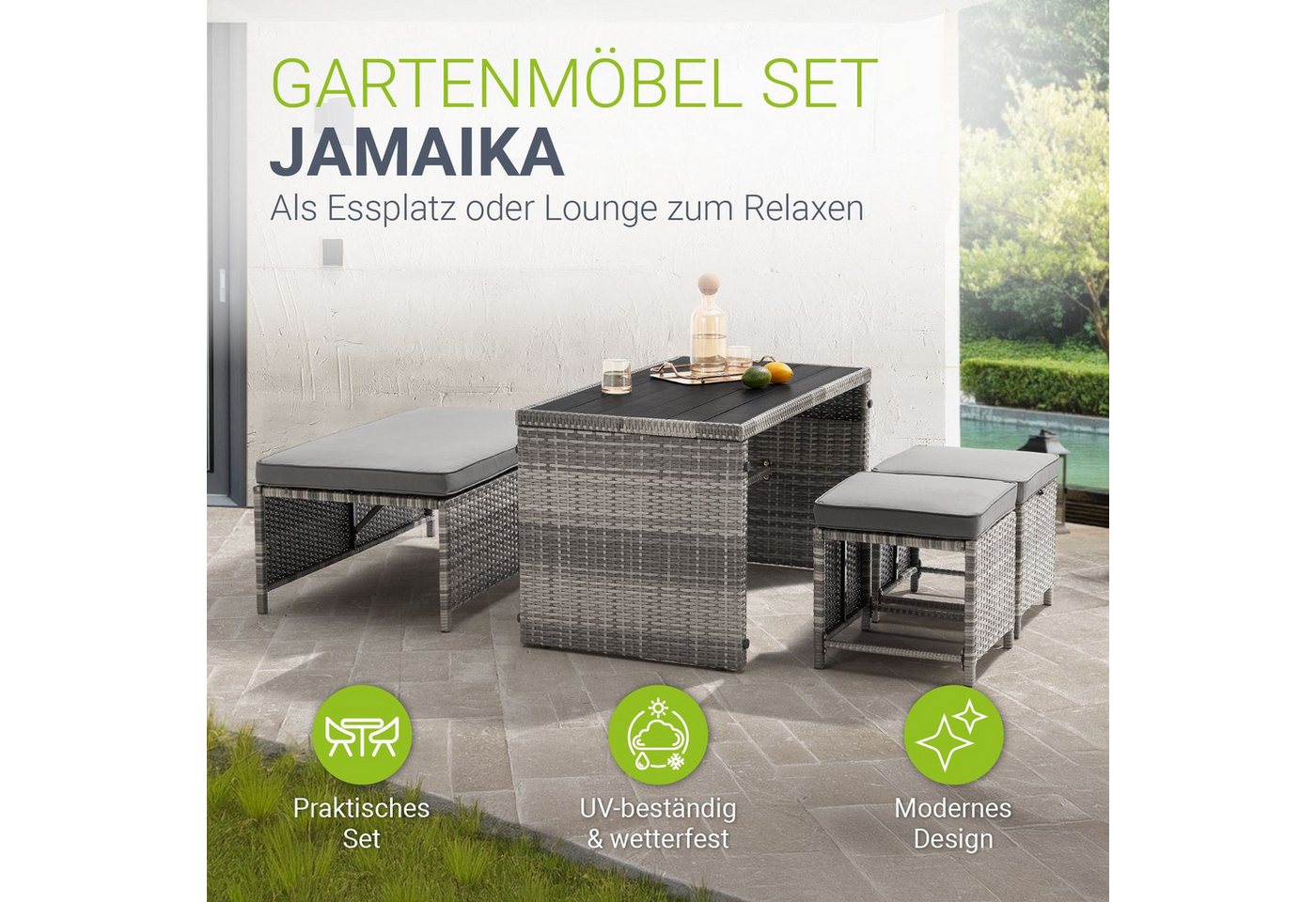 Juskys Gartenlounge-Set Jamaika, 2in1 Polyrattan Set, wetterbeständig, mit Sitzkissen, inkl. Tisch – Bild 2 von 5