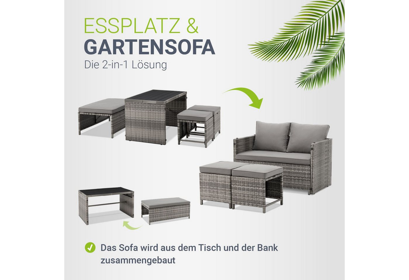 Juskys Gartenlounge-Set Jamaika, 2in1 Polyrattan Set, wetterbeständig, mit Sitzkissen, inkl. Tisch – Bild 3 von 5
