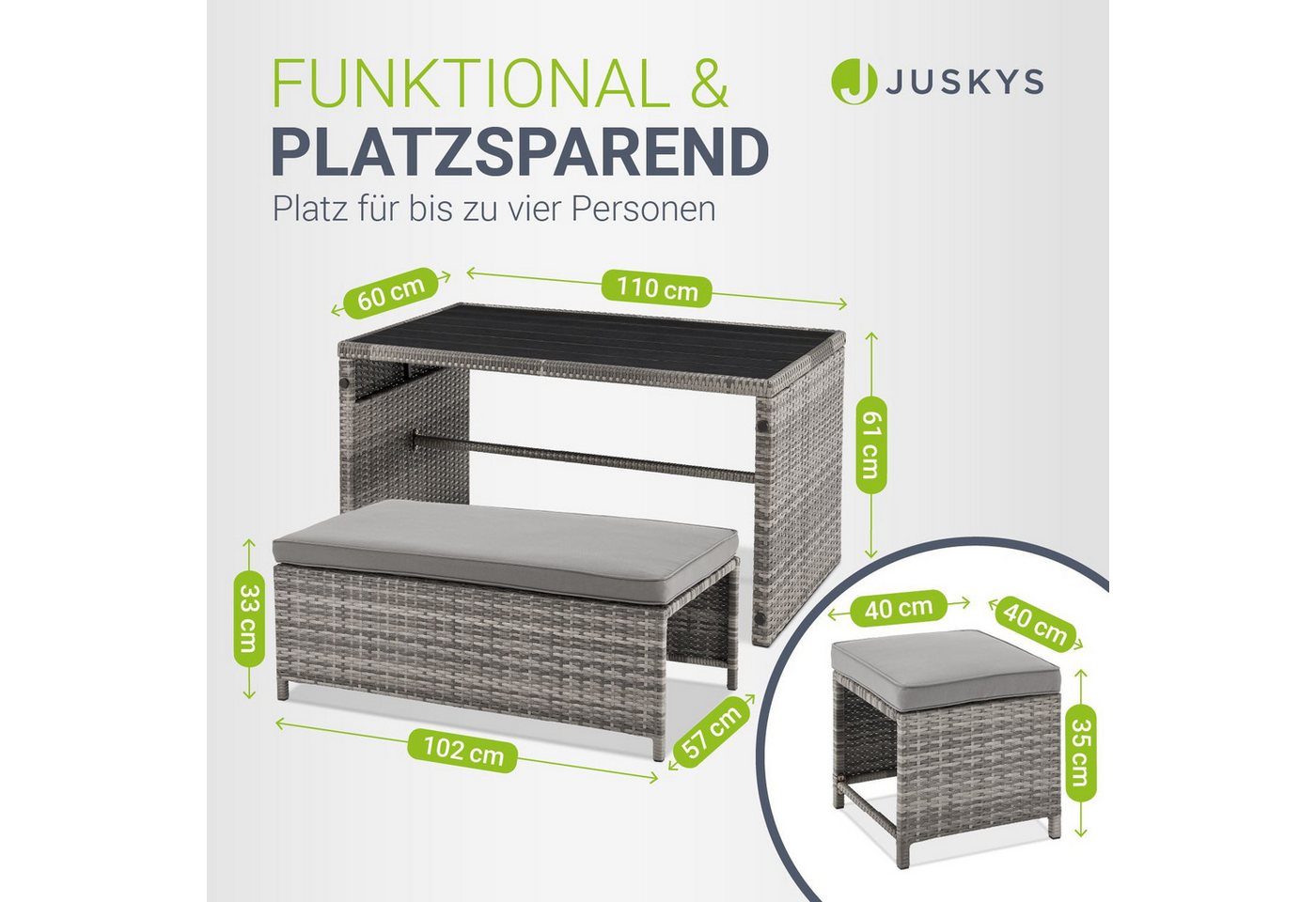 Juskys Gartenlounge-Set Jamaika, 2in1 Polyrattan Set, wetterbeständig, mit Sitzkissen, inkl. Tisch – Bild 4 von 5