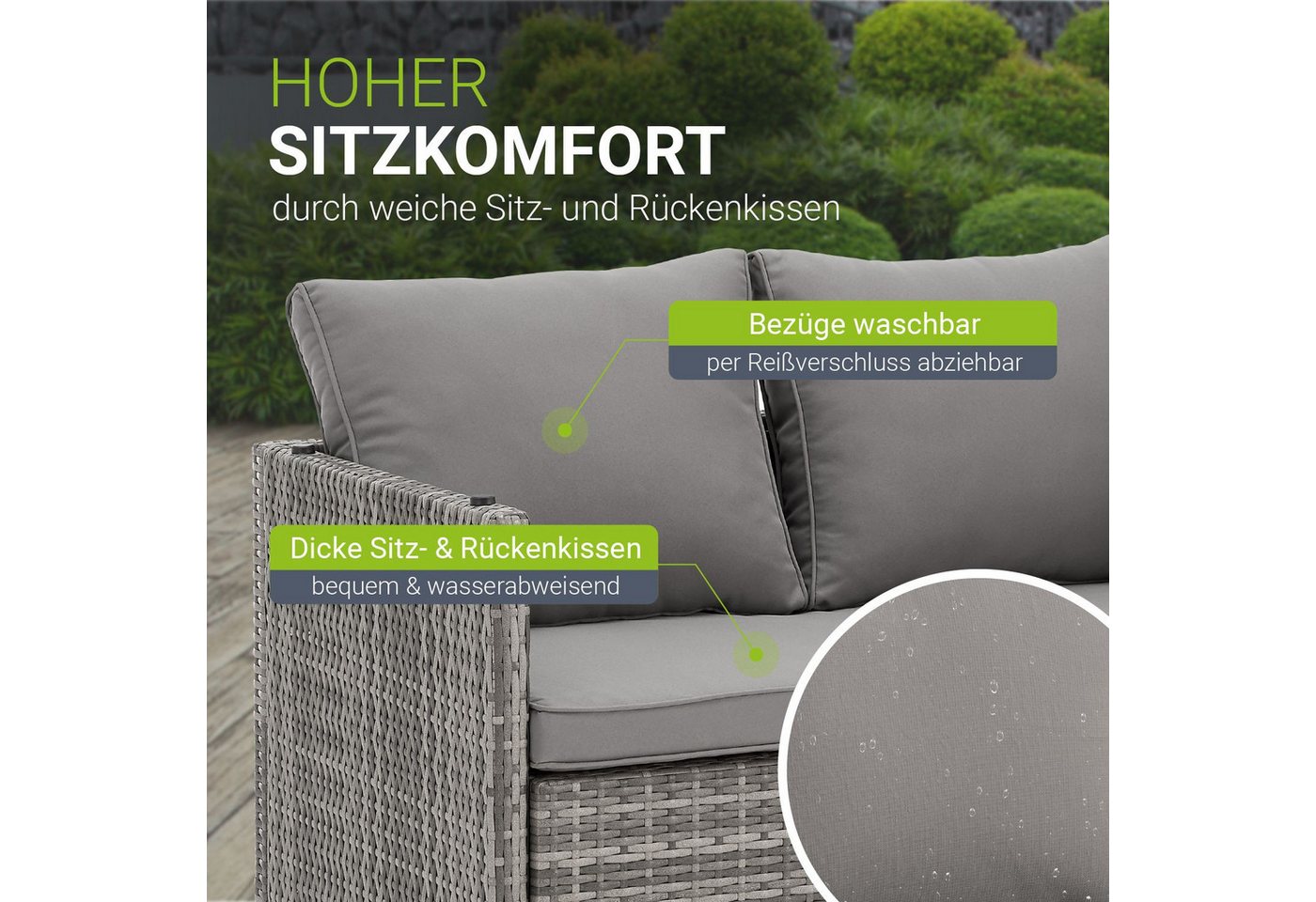 Juskys Gartenlounge-Set Jamaika, 2in1 Polyrattan Set, wetterbeständig, mit Sitzkissen, inkl. Tisch – Bild 5 von 5