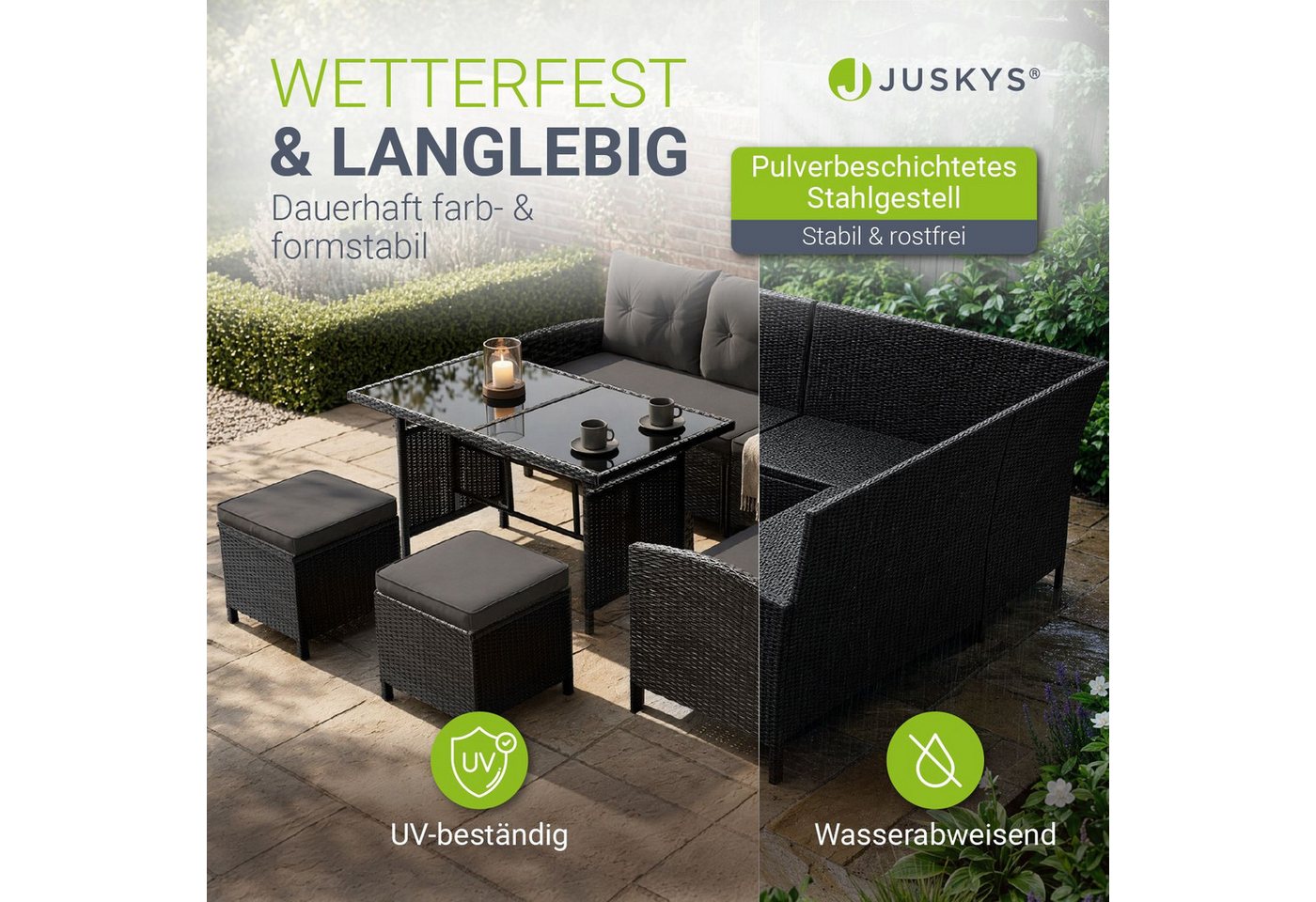 Juskys Gartenlounge-Set Manacor, (Gartenlounge), Polyrattan Gartenmöbel-Set mit Garten-Sofa, Garten-Tisch und 2 Hocker – Bild 2 von 5
