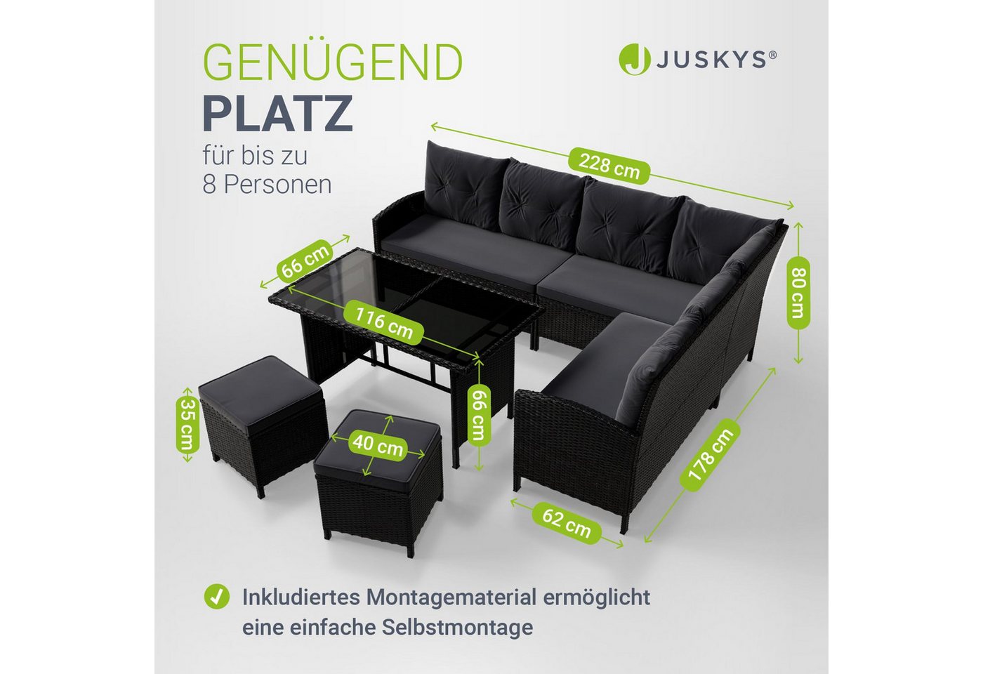 Juskys Gartenlounge-Set Manacor, (Gartenlounge), Polyrattan Gartenmöbel-Set mit Garten-Sofa, Garten-Tisch und 2 Hocker – Bild 4 von 5
