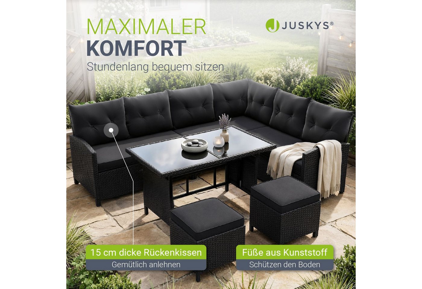 Juskys Gartenlounge-Set Manacor, (Gartenlounge), Polyrattan Gartenmöbel-Set mit Garten-Sofa, Garten-Tisch und 2 Hocker – Bild 5 von 5