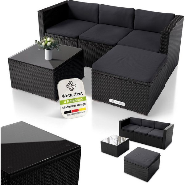 Juskys Gartenlounge-Set Punta Cana, (Set, Sitzgruppe), Polyrattan Sitzgarnitur mit 1 Tisch, 1 Sofa und 1 Hocker