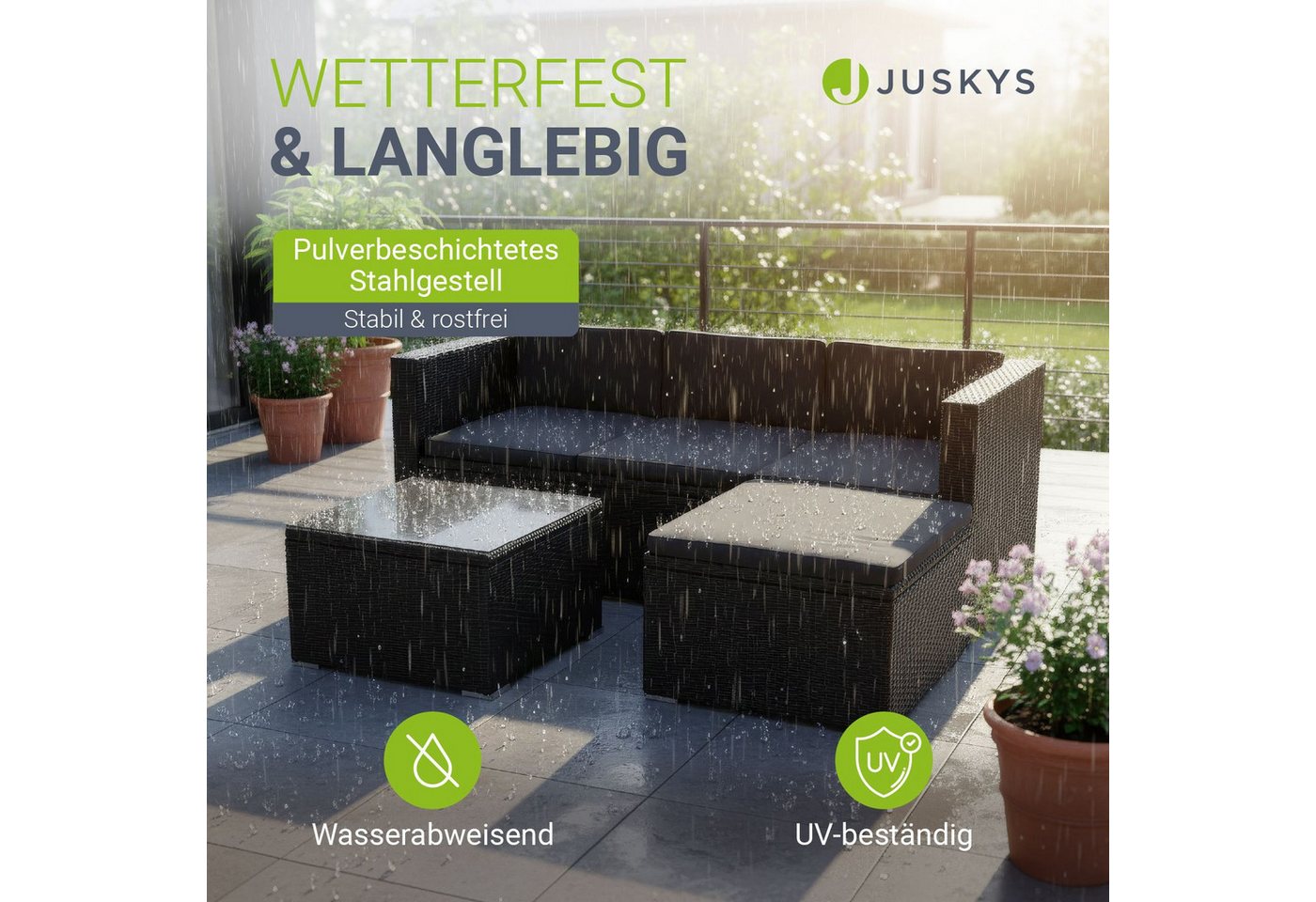 Juskys Gartenlounge-Set Punta Cana, (Set, Sitzgruppe), Polyrattan Sitzgarnitur mit 1 Tisch, 1 Sofa und 1 Hocker – Bild 2 von 5
