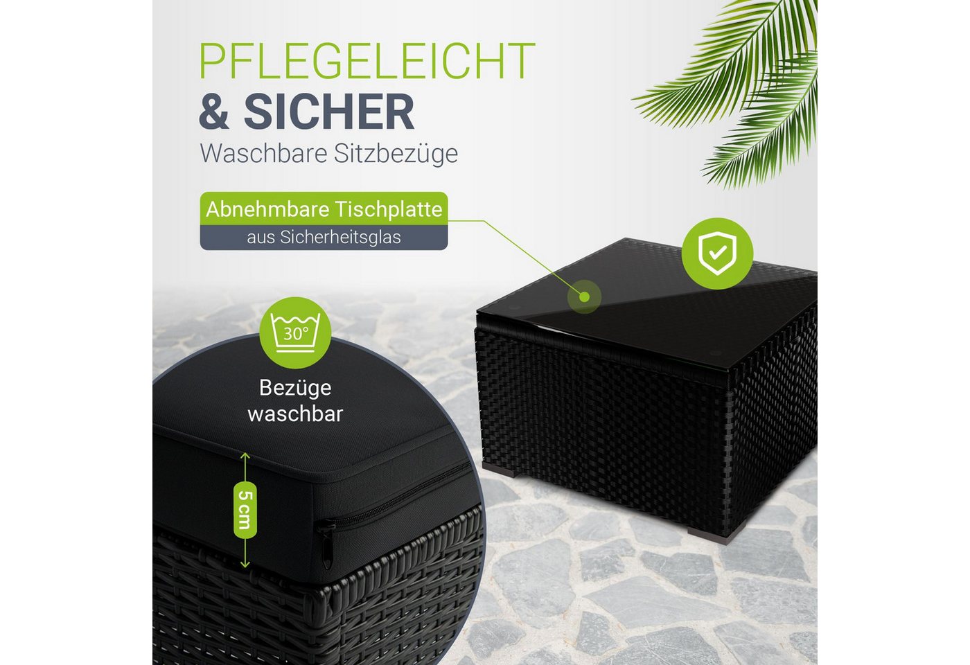 Juskys Gartenlounge-Set Punta Cana, (Set, Sitzgruppe), Polyrattan Sitzgarnitur mit 1 Tisch, 1 Sofa und 1 Hocker – Bild 3 von 5