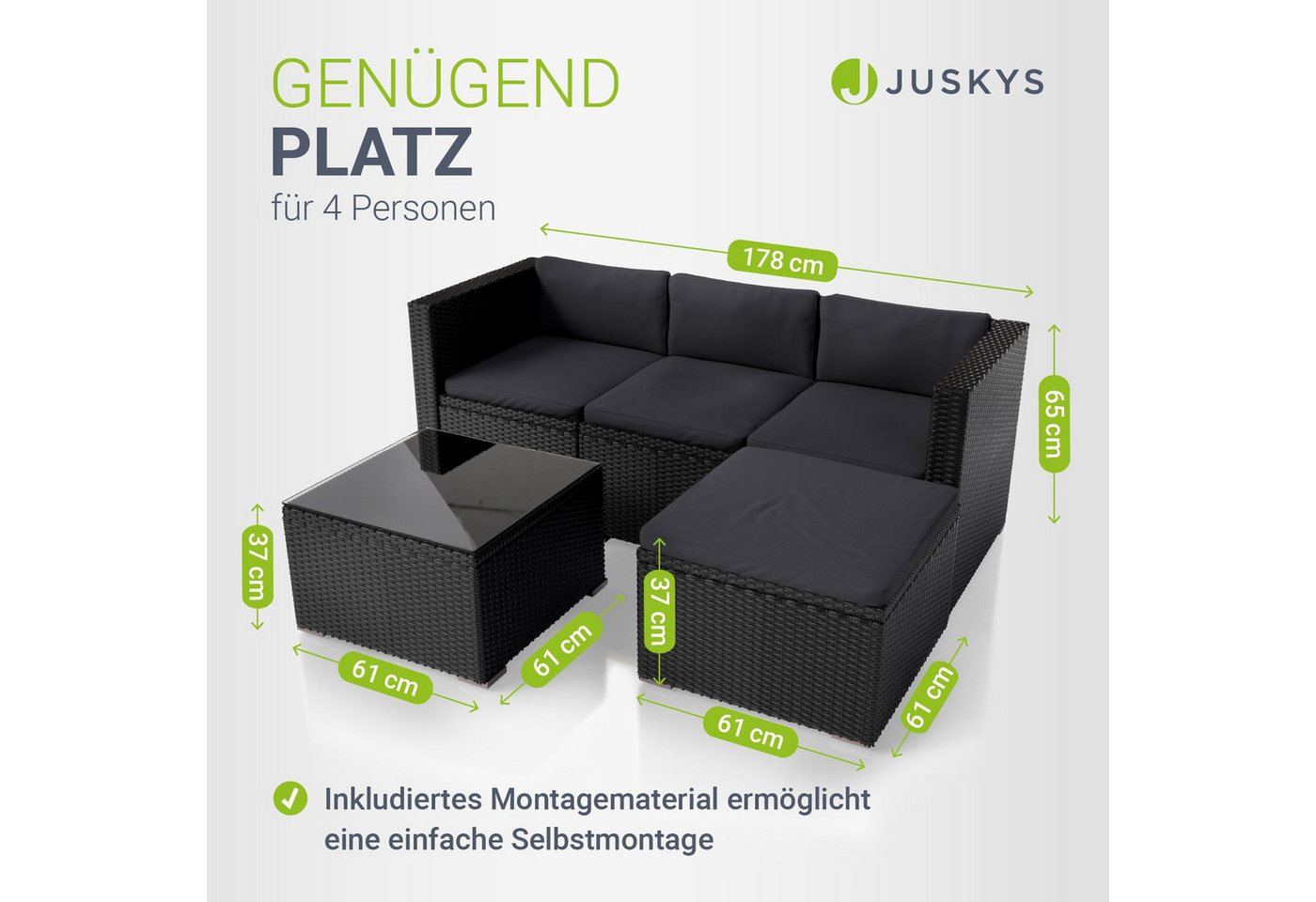 Juskys Gartenlounge-Set Punta Cana, (Set, Sitzgruppe), Polyrattan Sitzgarnitur mit 1 Tisch, 1 Sofa und 1 Hocker – Bild 4 von 5