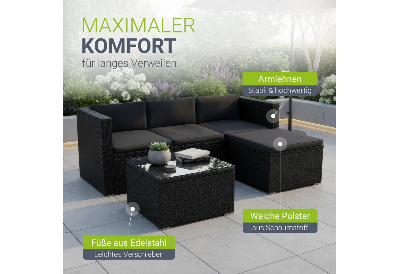 Juskys Gartenlounge-Set Punta Cana, (Set, Sitzgruppe), Polyrattan Sitzgarnitur mit 1 Tisch, 1 Sofa und 1 Hocker – Bild 5 von 5