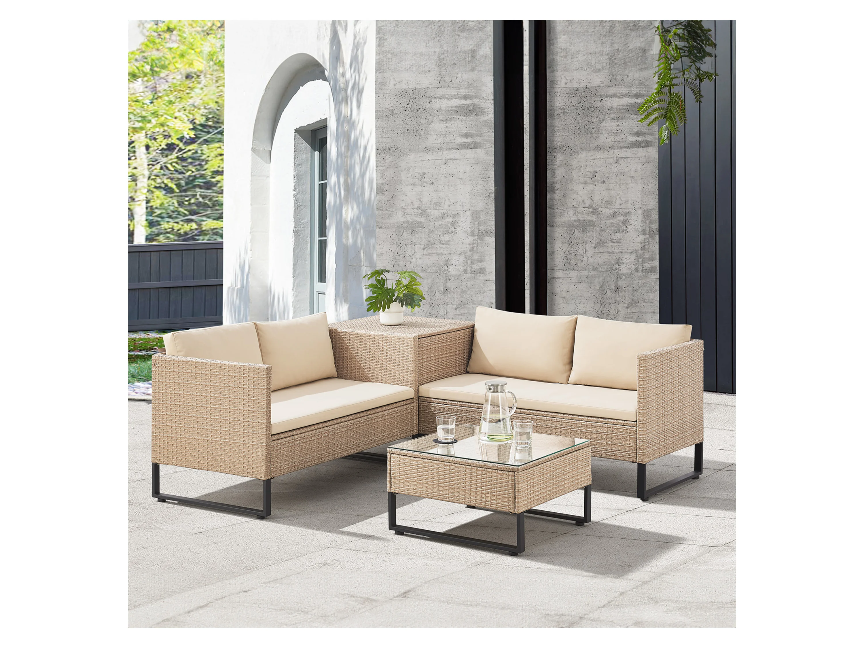 Juskys Gartenlounge-Set Santorini, (4-tlg), Polyrattan Sitzgruppe mit Beistelltisch & Auflagenbox, wetterfest – Bild 2 von 4