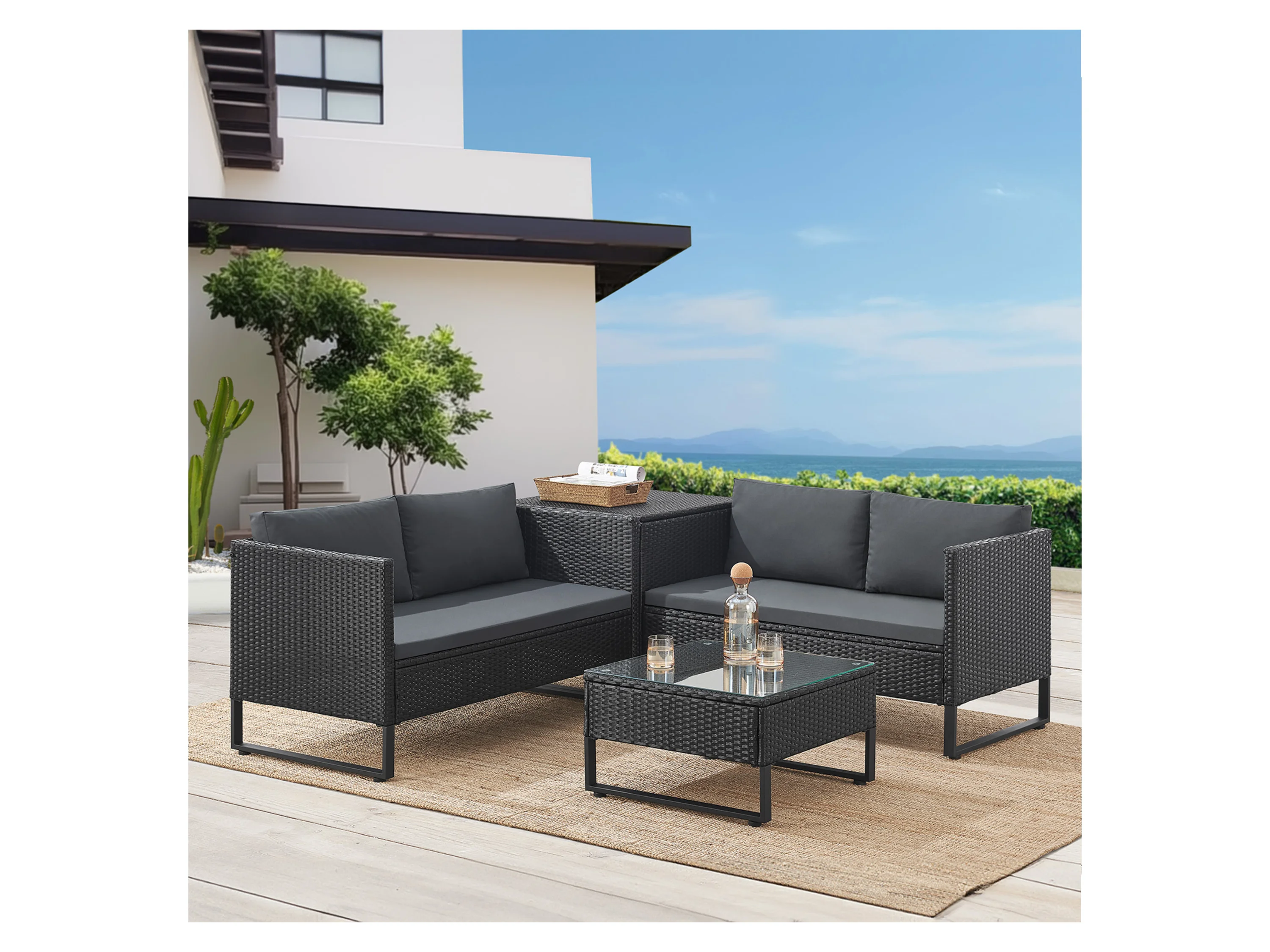 Juskys Gartenlounge-Set Santorini, (4-tlg), Polyrattan Sitzgruppe mit Beistelltisch & Auflagenbox, wetterfest – Bild 2 von 4