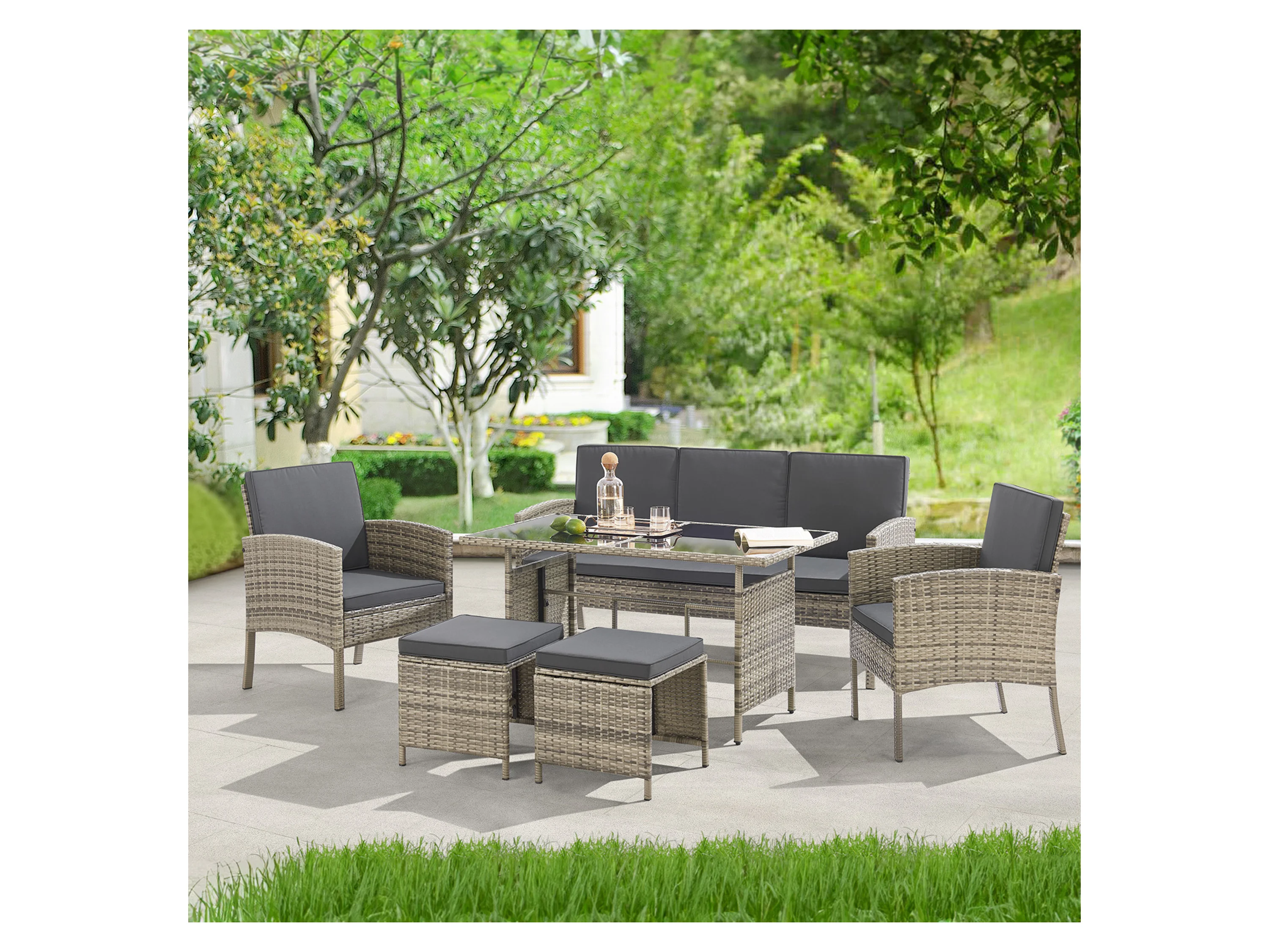 Juskys Gartenlounge-Set Turin, (6-tlg), Polyrattan Sitzgruppe für 7 Personen, Gartenmöbel Set 6-teilig – Bild 3 von 4