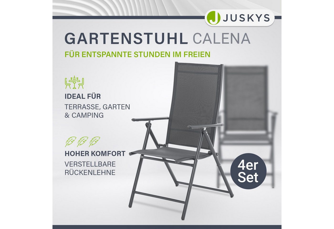 Juskys Gartenstuhl Calena (4 St), 7-fach verstellbar, Stahlgestell, klappbar, atmungsaktives Meshgewebe – Bild 2 von 5