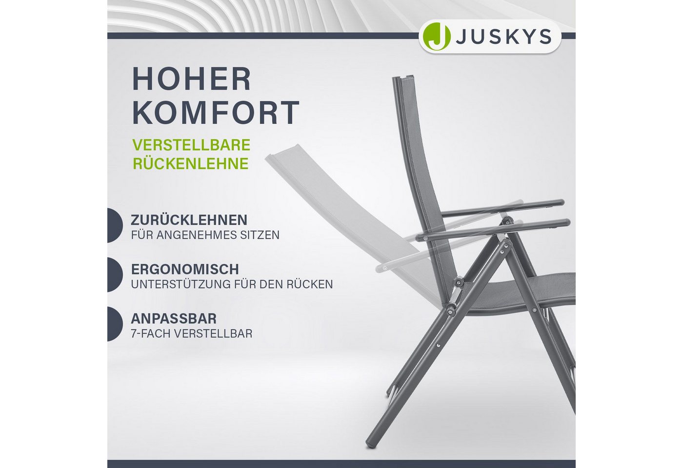 Juskys Gartenstuhl Calena (4 St), 7-fach verstellbar, Stahlgestell, klappbar, atmungsaktives Meshgewebe – Bild 4 von 5