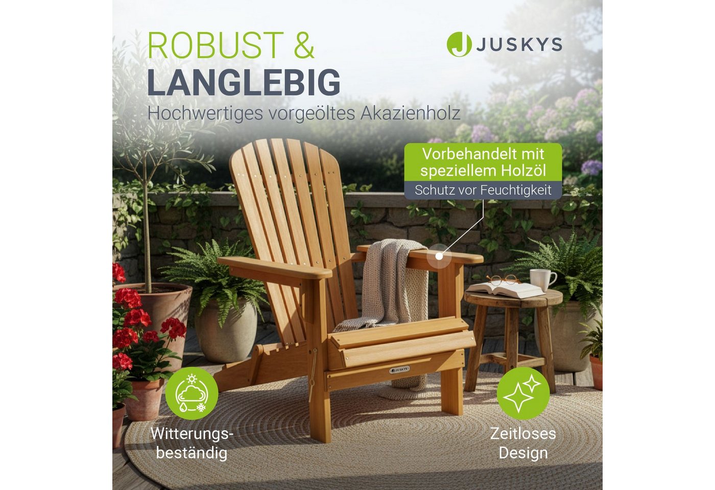 Juskys Gartenstuhl Korfu (1 St), Liegestuhl aus Akazienholz, klappbar, vor geölt, robust & langlebig – Bild 2 von 5