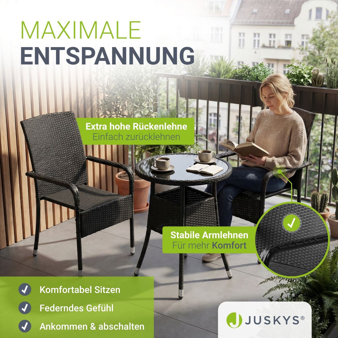Juskys Gartenstuhl Yoro (4 St), stapelbar, modern, leicht und stabil – Bild 3 von 5