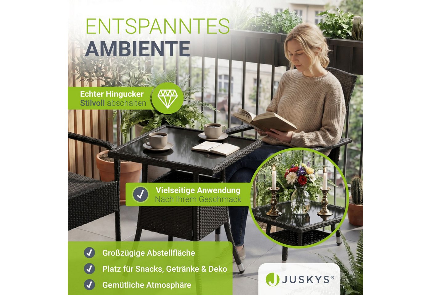 Juskys Gartentisch Yoro, eckig, aus Polyrattan, wetterfest & langlebig, pflegeleicht – Bild 3 von 5