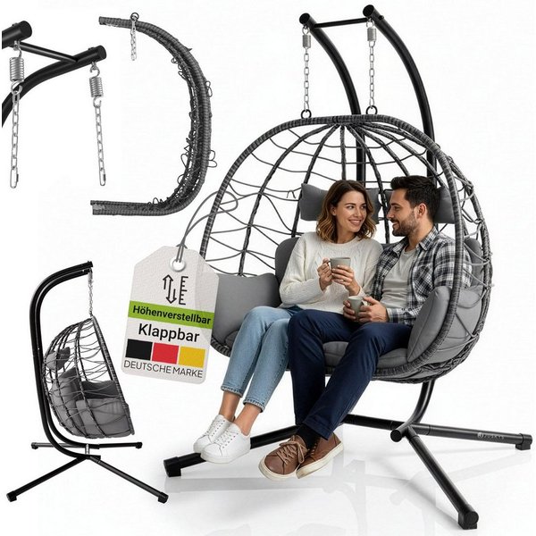 Juskys Hängesessel Aria, Polyrattan Doppelhängesessel, Schaukel mit Gestell & Kissen