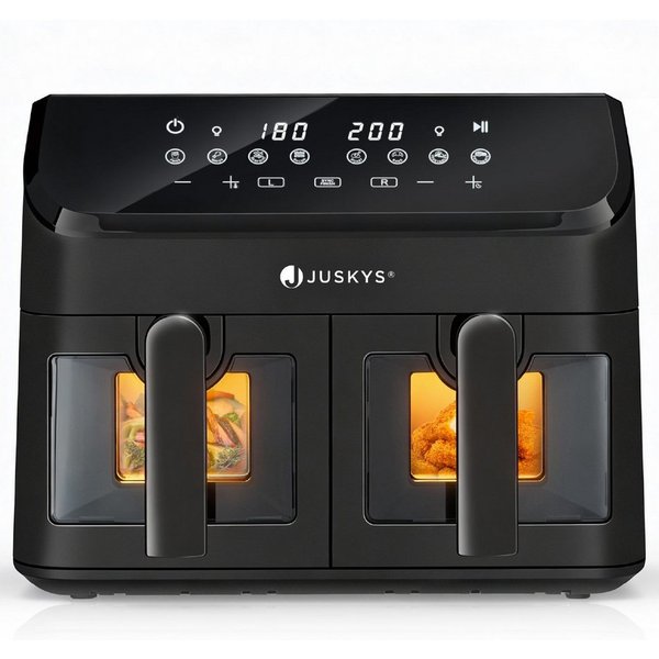 Juskys Heißluftfritteuse, 1800 W, mit 2 Kammern, Smart Finish und 9 Programmen - Antihaftbeschichtung