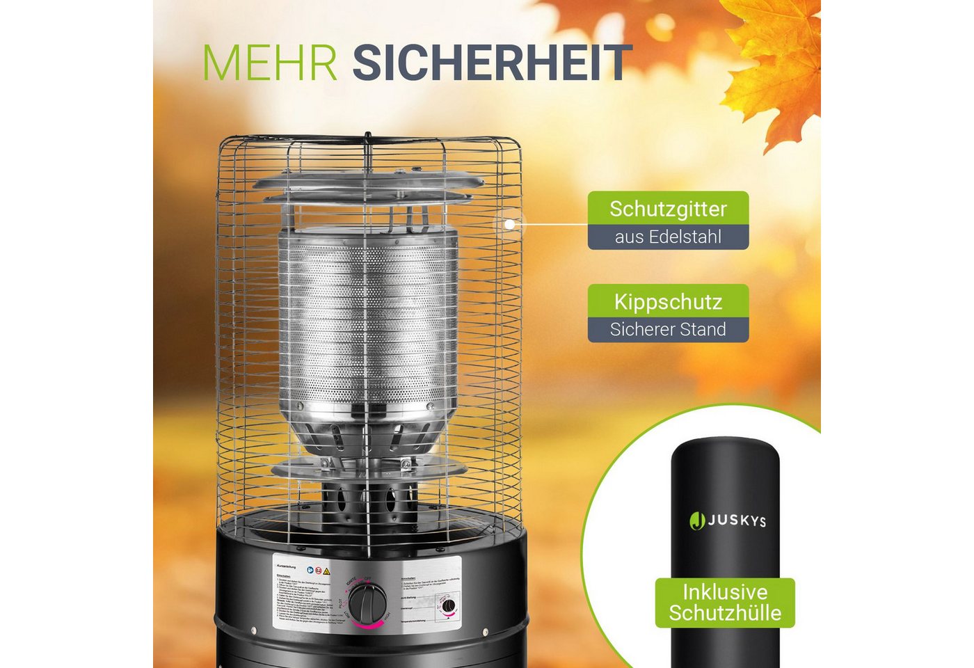 Juskys Heizstrahler Cuna, 11000 W, integrierter Kippschutz, Inkl. Druckminderer, robuste Schutzhülle – Bild 5 von 5