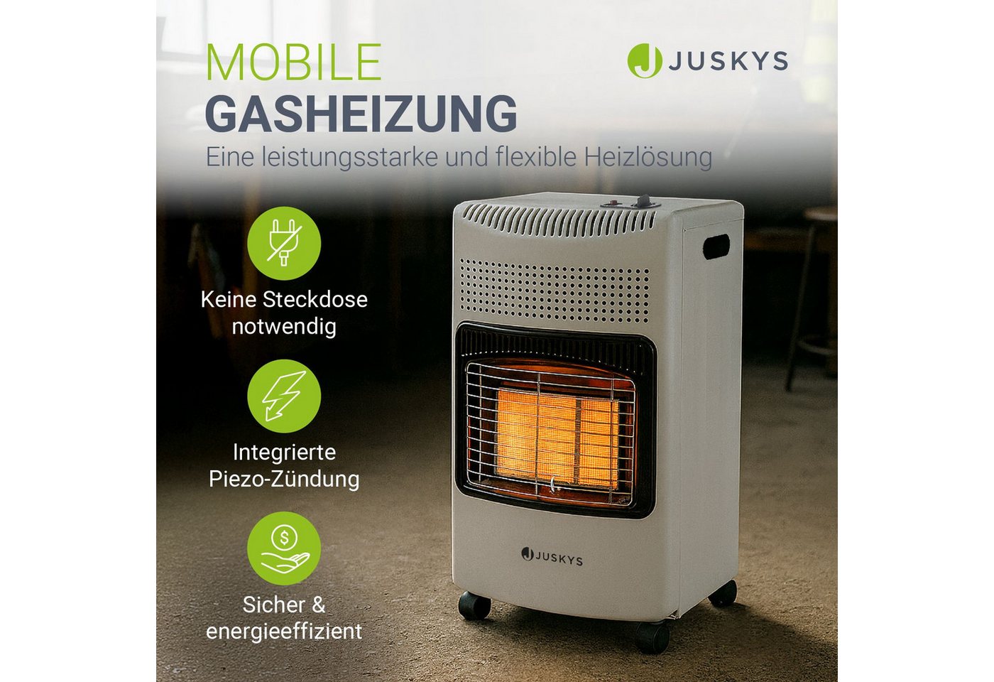 Juskys Heizstrahler GS42US, 4200 W, stark und energiesparend, 3-Stufen-Wärme-Regler, Gasflaschenhalterung – Bild 2 von 5