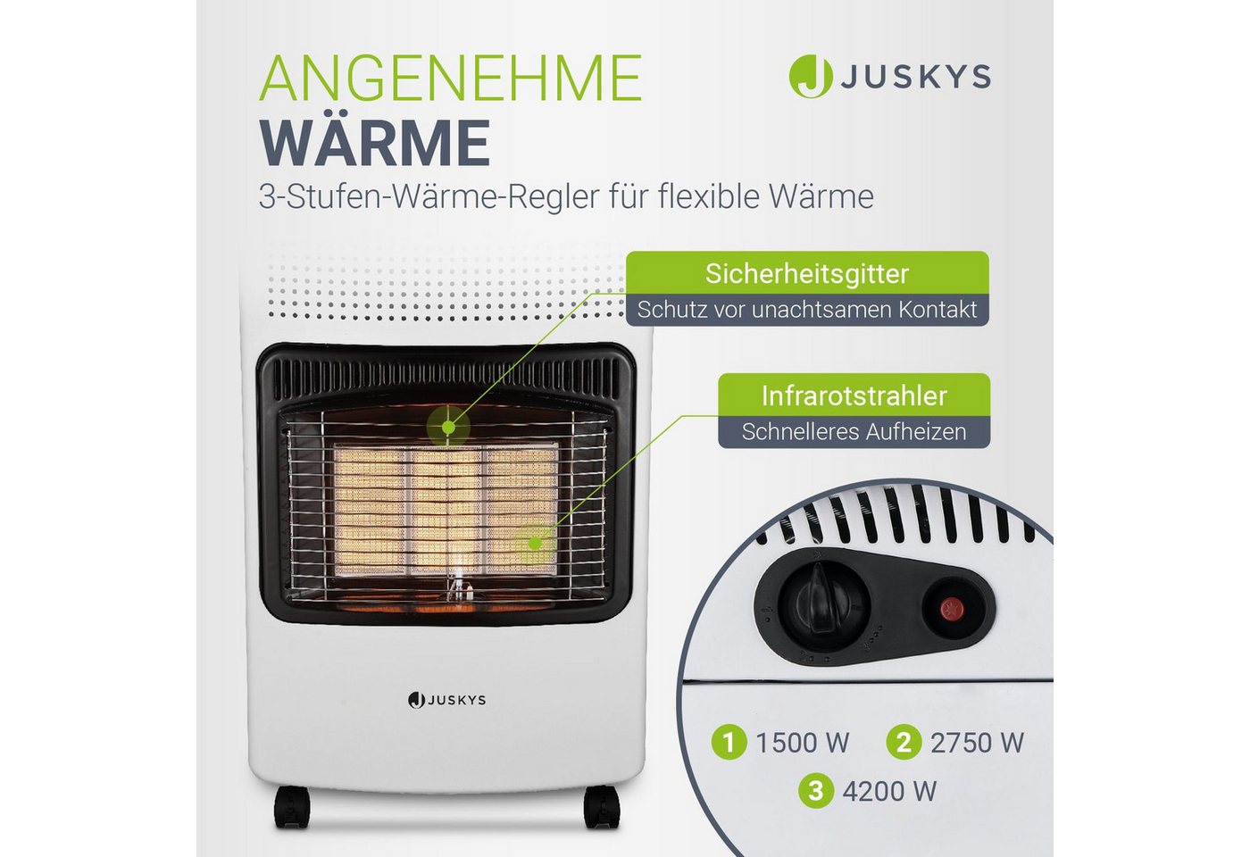 Juskys Heizstrahler GS42US, 4200 W, stark und energiesparend, 3-Stufen-Wärme-Regler, Gasflaschenhalterung – Bild 3 von 5