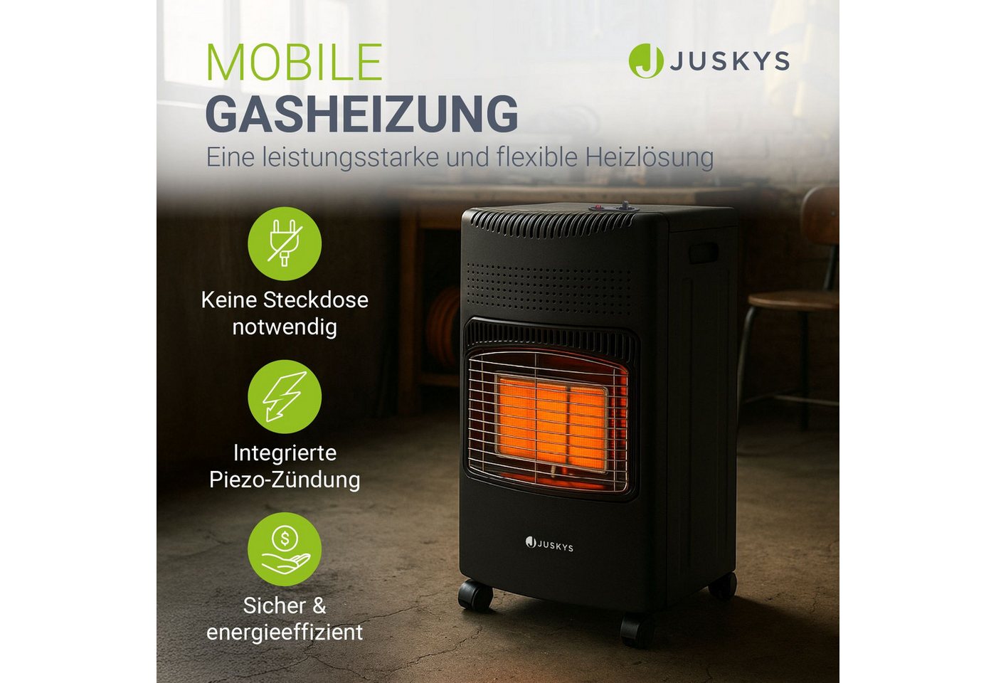 Juskys Heizstrahler GS42US, 4200 W, stark und energiesparend, 3-Stufen-Wärme-Regler, Gasflaschenhalterung – Bild 2 von 5