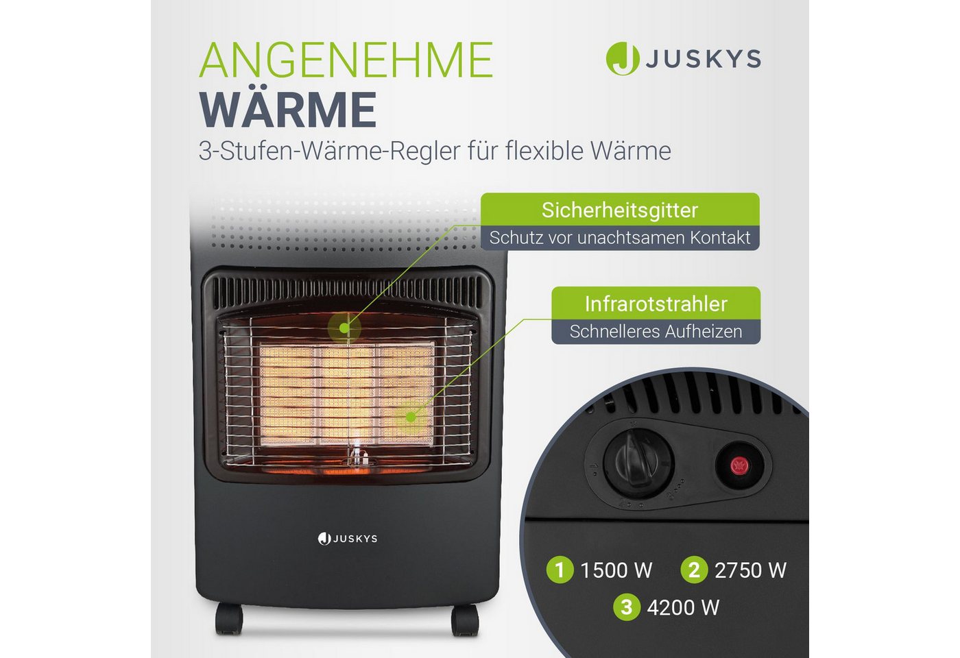 Juskys Heizstrahler GS42US, 4200 W, stark und energiesparend, 3-Stufen-Wärme-Regler, Gasflaschenhalterung – Bild 3 von 5