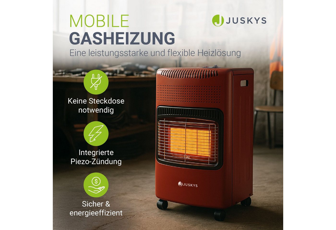 Juskys Heizstrahler GS42US, 4200 W, stark und energiesparend, 3-Stufen-Wärme-Regler, Gasflaschenhalterung – Bild 2 von 5