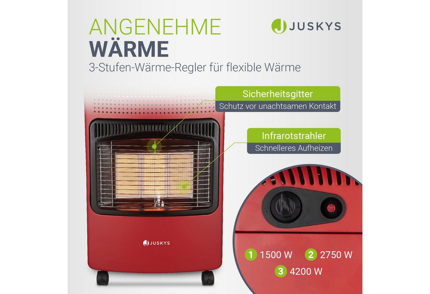 Juskys Heizstrahler GS42US, 4200 W, stark und energiesparend, 3-Stufen-Wärme-Regler, Gasflaschenhalterung – Bild 3 von 5