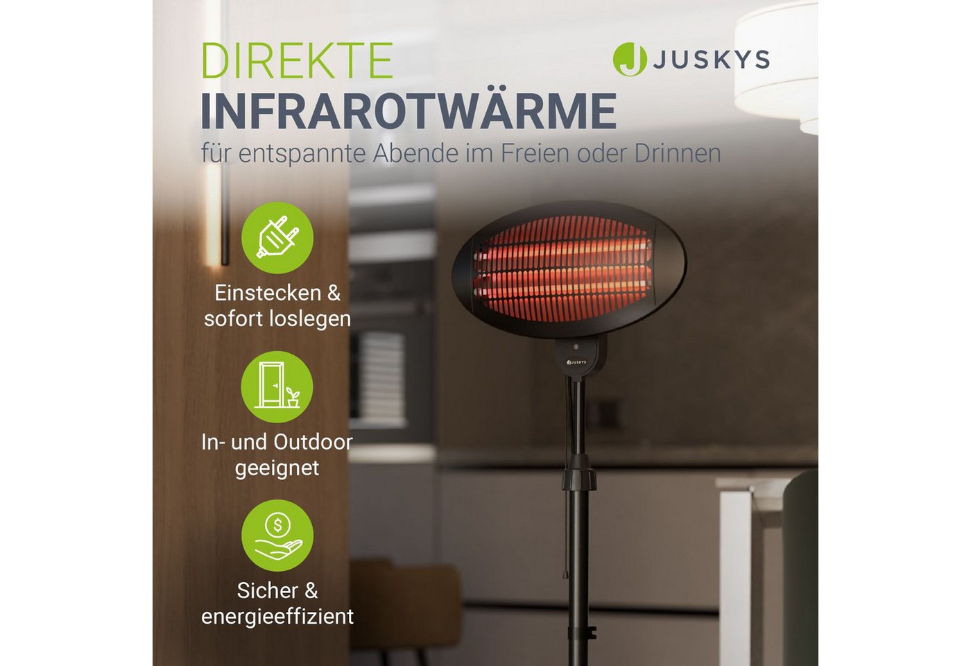 Juskys Infrarotstrahler, 2000 W, 3 Stufen, höhenverstellbar mit Kippschutz, mit Quartzröhren – Bild 2 von 5