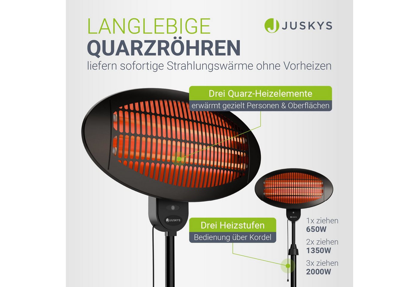 Juskys Infrarotstrahler, 2000 W, 3 Stufen, höhenverstellbar mit Kippschutz, mit Quartzröhren – Bild 3 von 5