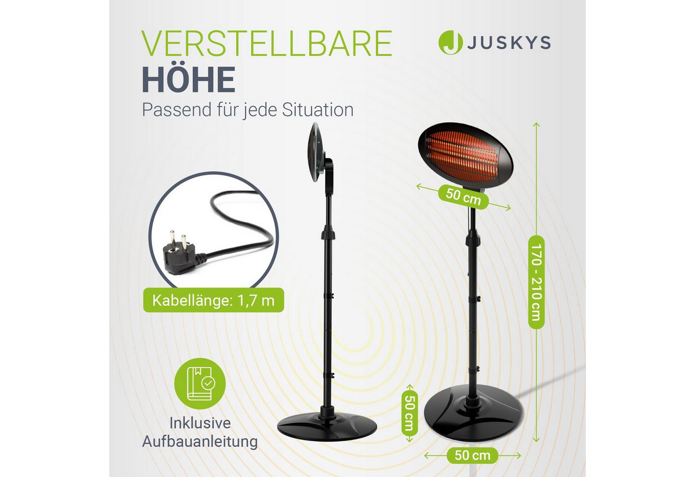 Juskys Infrarotstrahler, 2000 W, 3 Stufen, höhenverstellbar mit Kippschutz, mit Quartzröhren – Bild 4 von 5