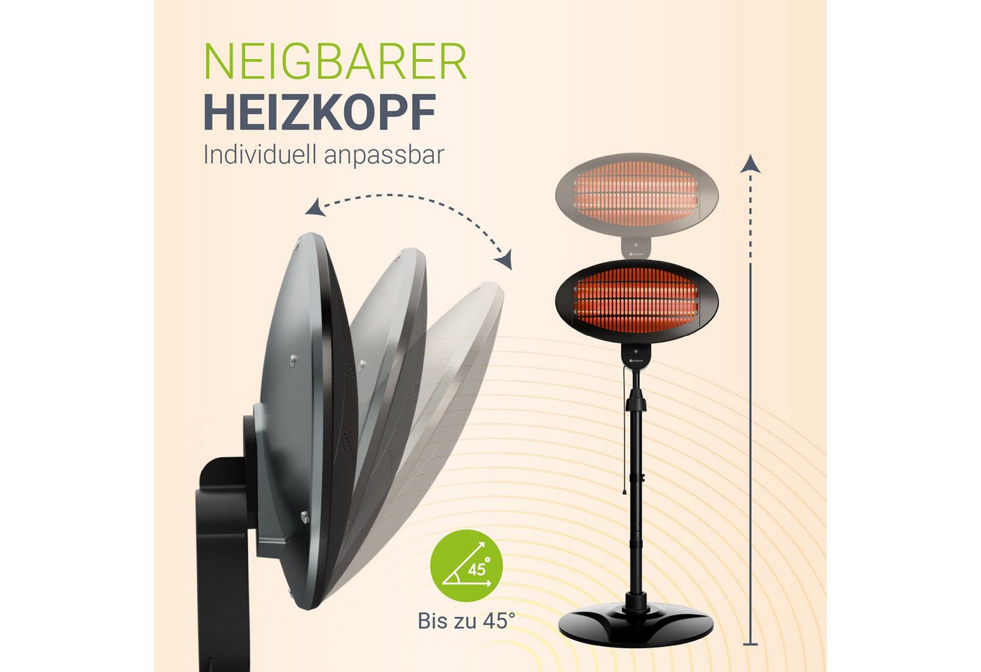 Juskys Infrarotstrahler, 2000 W, 3 Stufen, höhenverstellbar mit Kippschutz, mit Quartzröhren – Bild 5 von 5