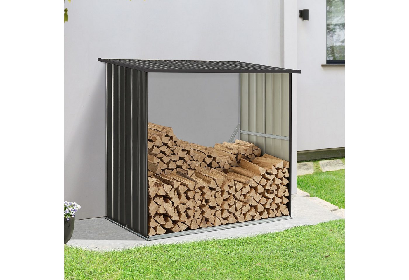 Juskys Kaminholzregal Enno, BxTxH:163x83x154 cm, 1 m² Grundfläche, wetterfeste, stabile Konstruktion – Bild 2 von 5