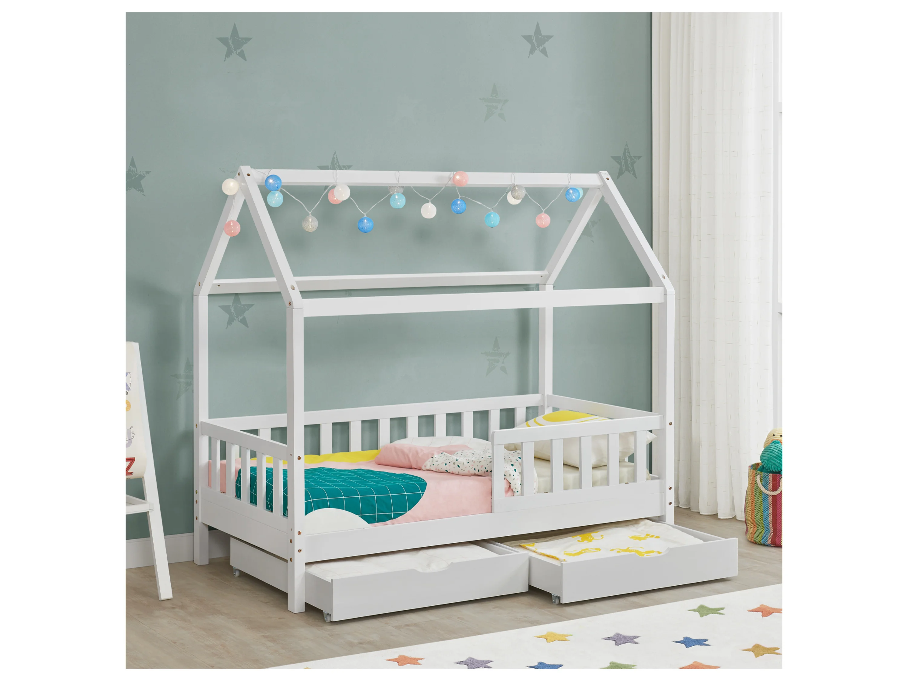 Juskys Kinderbett Marli, 80x160 cm, mit Dach, 2 Bettkästen, Rausfallschutz, 3 - 10 Jahre – Bild 2 von 4