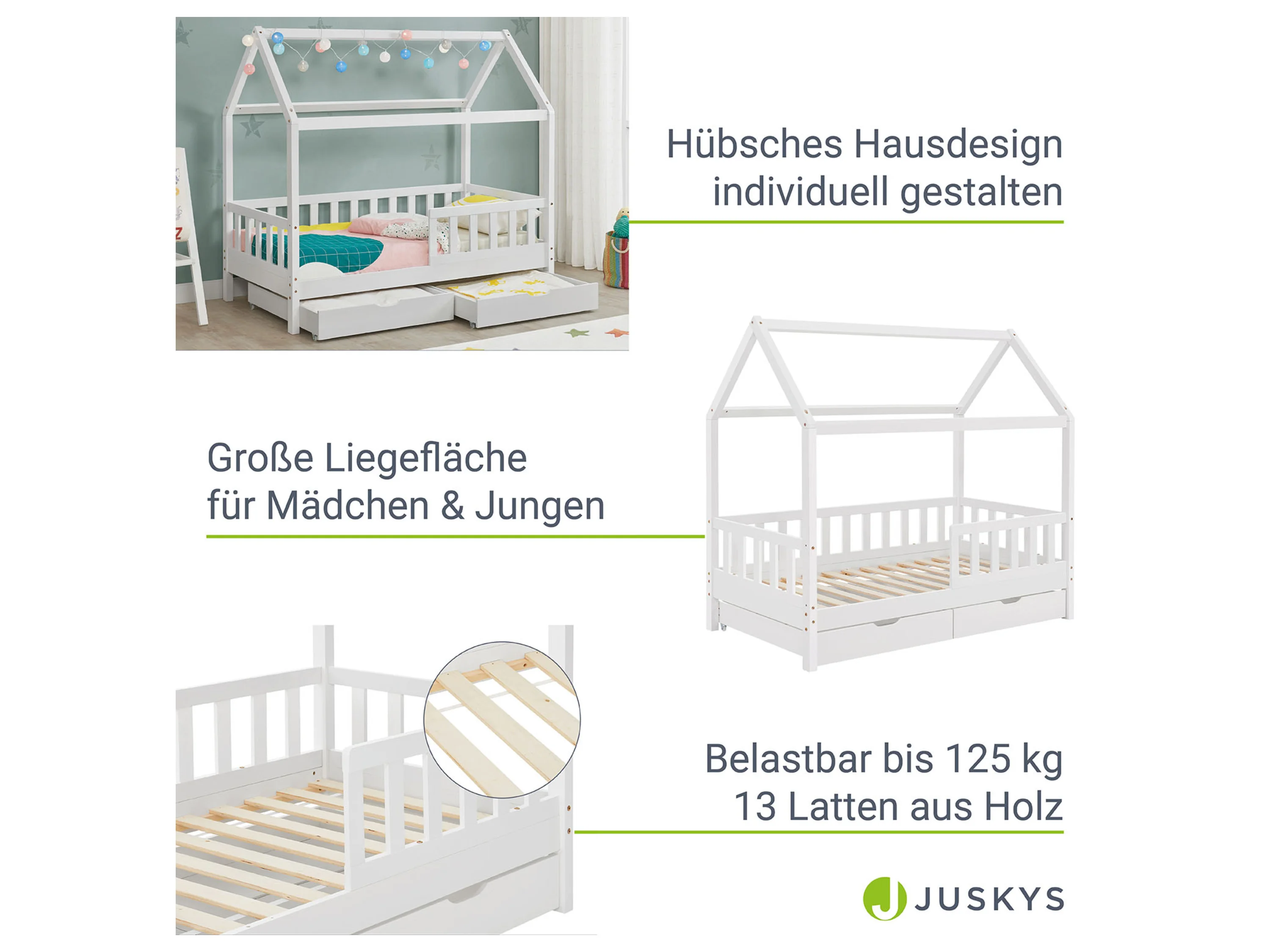 Juskys Kinderbett Marli, 80x160 cm, mit Dach, 2 Bettkästen, Rausfallschutz, 3 - 10 Jahre – Bild 4 von 4