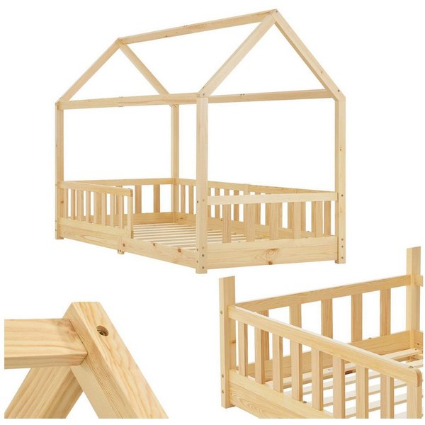 Juskys Kinderbett Marli, 90x200 cm, Hausoptik mit Dach, Holz, Rausfallschutz, 3 - 10 Jahren
