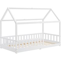 Juskys Kinderbett Marli, 90x200 cm, Hausoptik mit Dach, Holz, Rausfallschutz, 3 - 10 Jahren