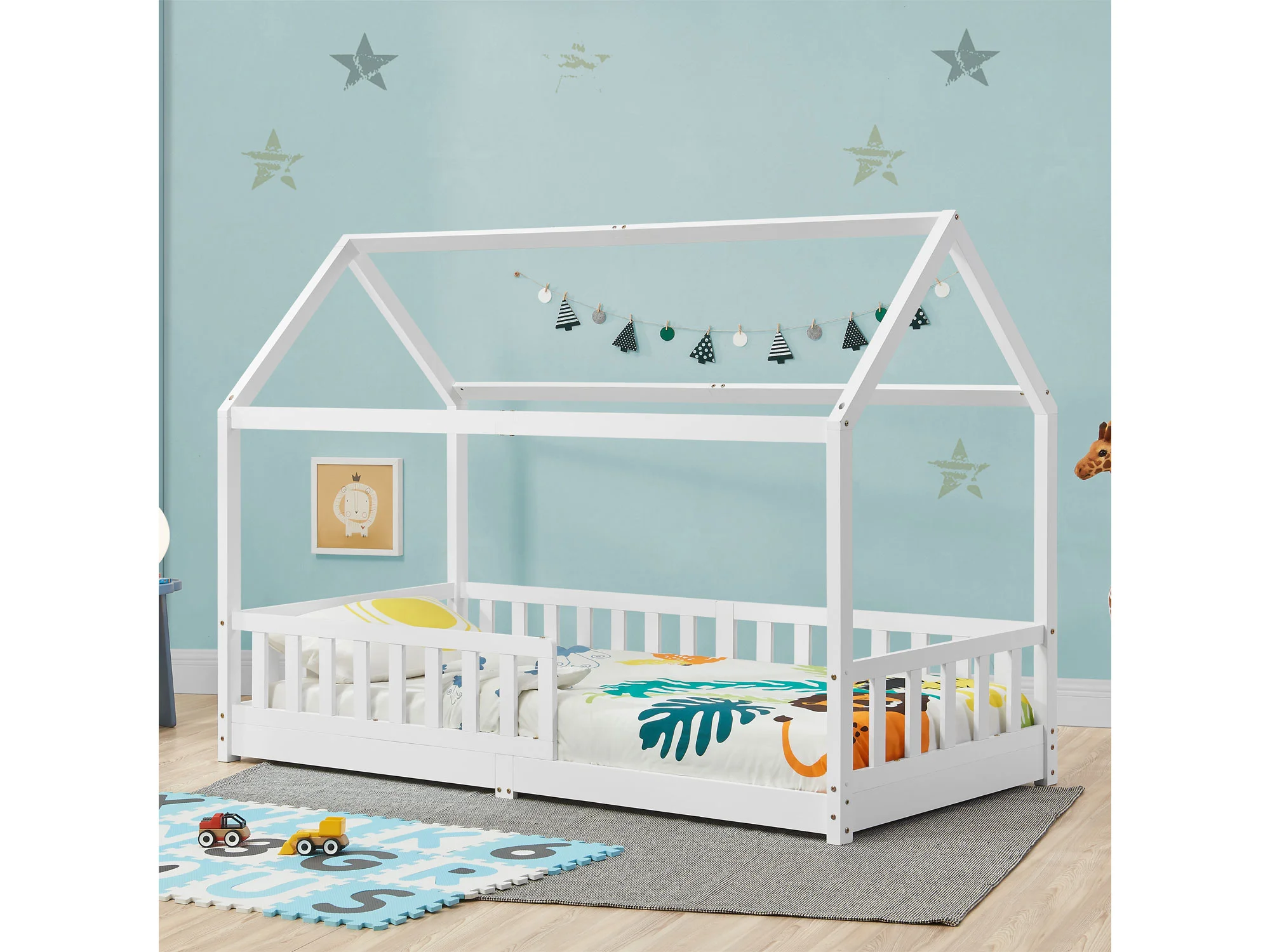Juskys Kinderbett Marli, 90x200 cm, Hausoptik mit Dach, Holz, Rausfallschutz, 3 - 10 Jahren – Bild 2 von 4