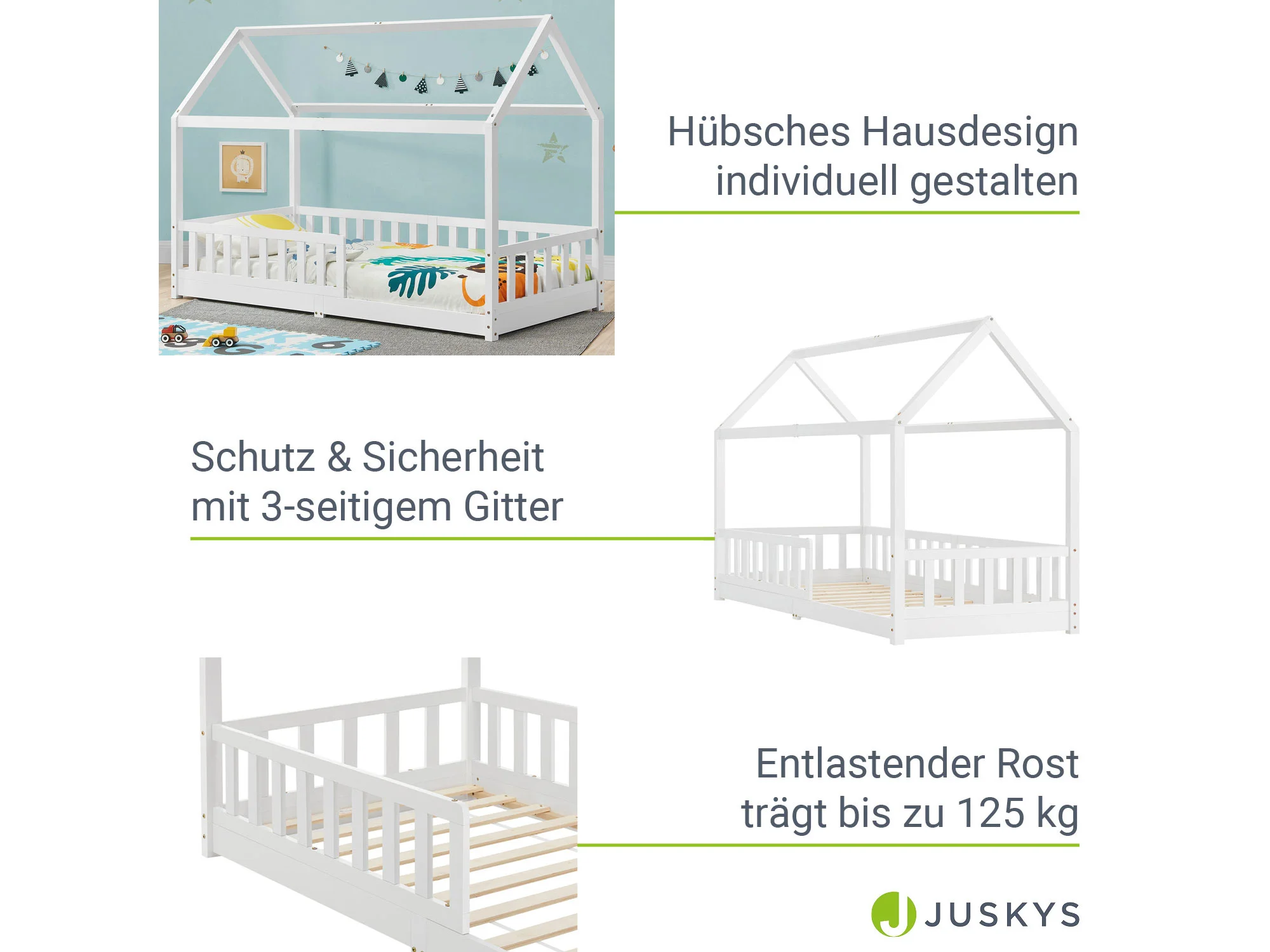 Juskys Kinderbett Marli, 90x200 cm, Hausoptik mit Dach, Holz, Rausfallschutz, 3 - 10 Jahren – Bild 4 von 4
