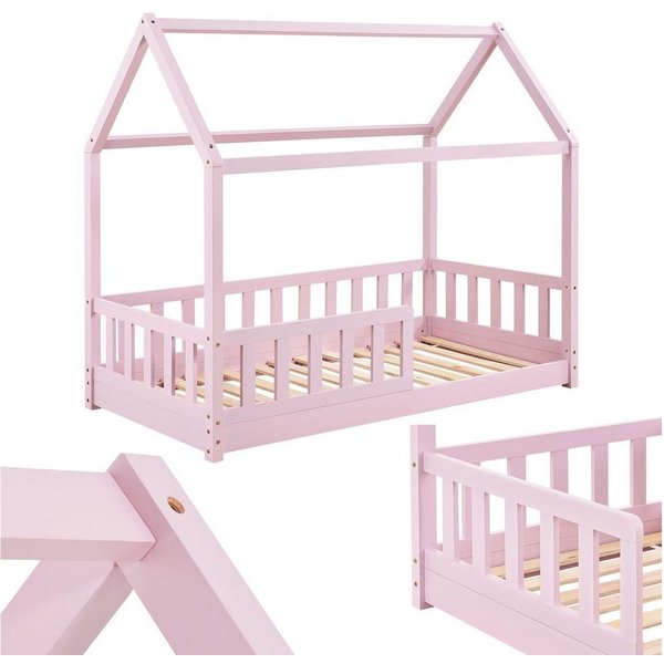 Juskys Kinderbett Marli, 80x160 cm, Hausoptik mit Dach, Holz, Rausfallschutz, 3 - 10 Jahren