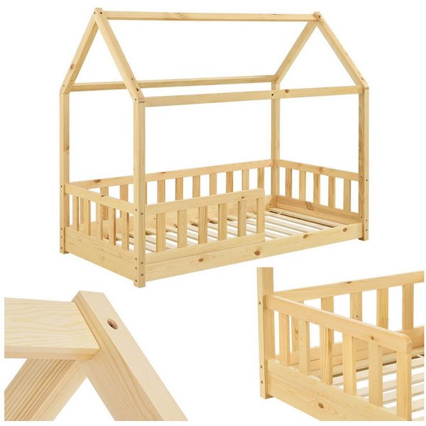 Juskys Kinderbett Marli, 80x160 cm, Hausoptik mit Dach, Holz, Rausfallschutz, 3 - 10 Jahren