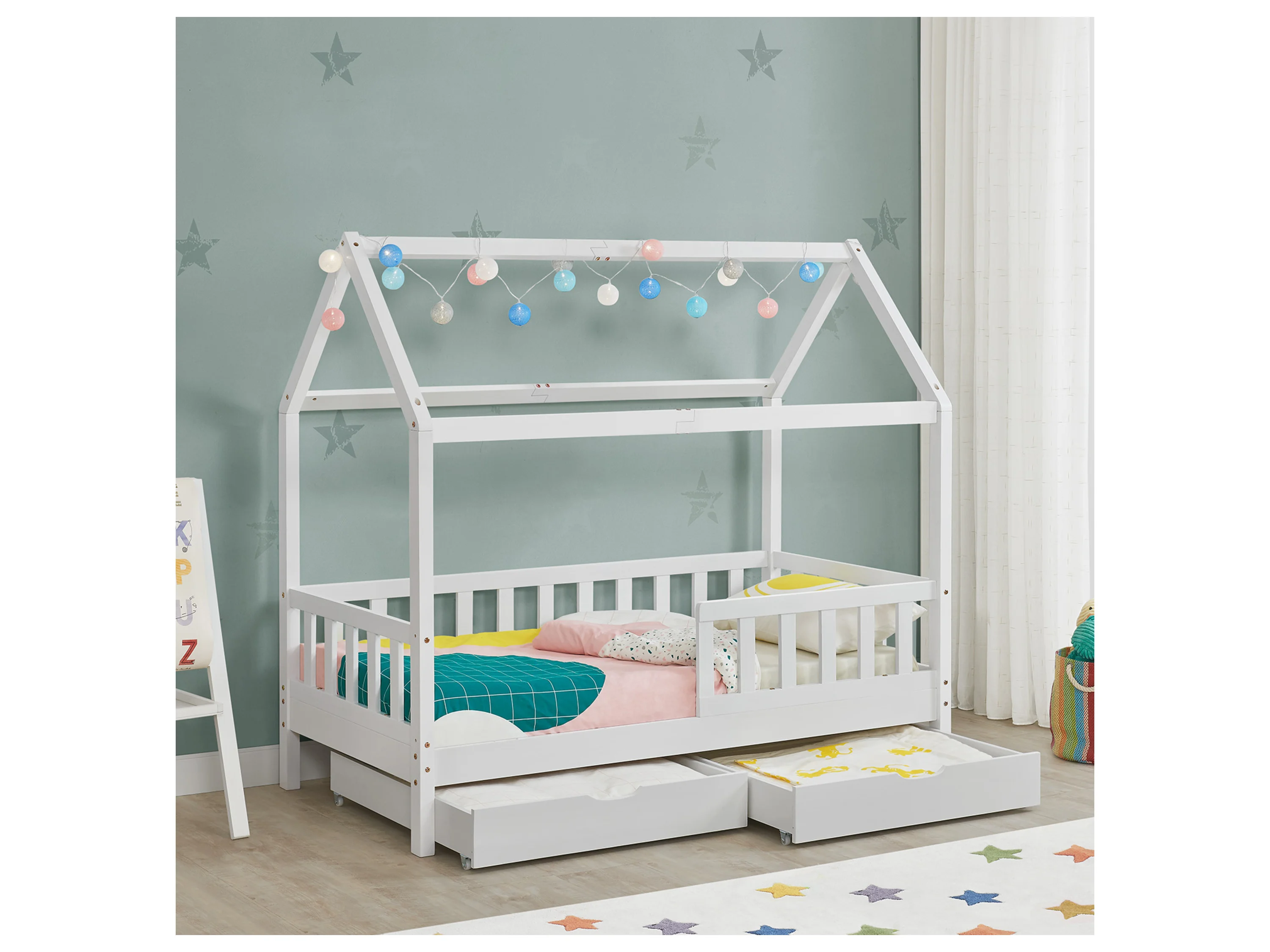 Juskys Kinderbett Marli, 90x200 cm, mit Dach, 2 Bettkästen, Rausfallschutz, 3 - 10 Jahre – Bild 2 von 4