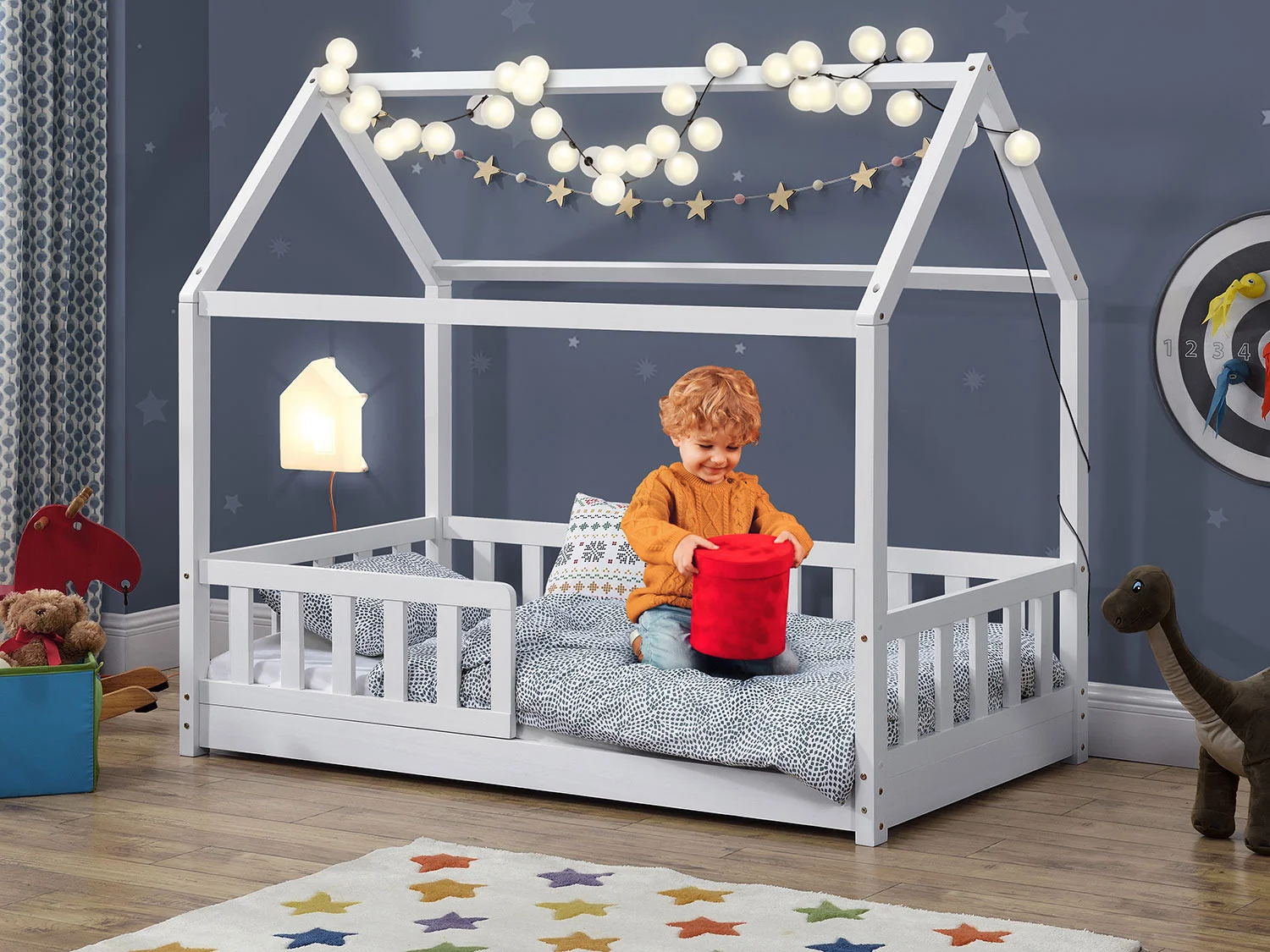 Juskys Kinderbett Marli, 80x160 cm, Hausoptik mit Dach, Holz, Rausfallschutz, 3 - 10 Jahren – Bild 2 von 4