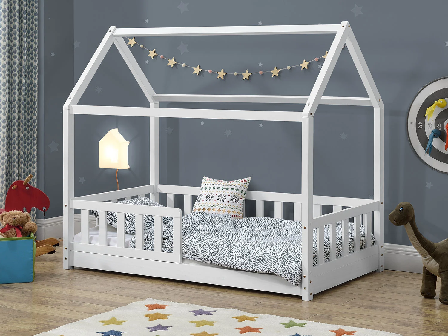 Juskys Kinderbett Marli, 80x160 cm, Hausoptik mit Dach, Holz, Rausfallschutz, 3 - 10 Jahren – Bild 4 von 4