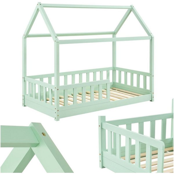 Juskys Kinderbett Marli, 80x160 cm, Hausoptik mit Dach, Holz, Rausfallschutz, 3 - 10 Jahren