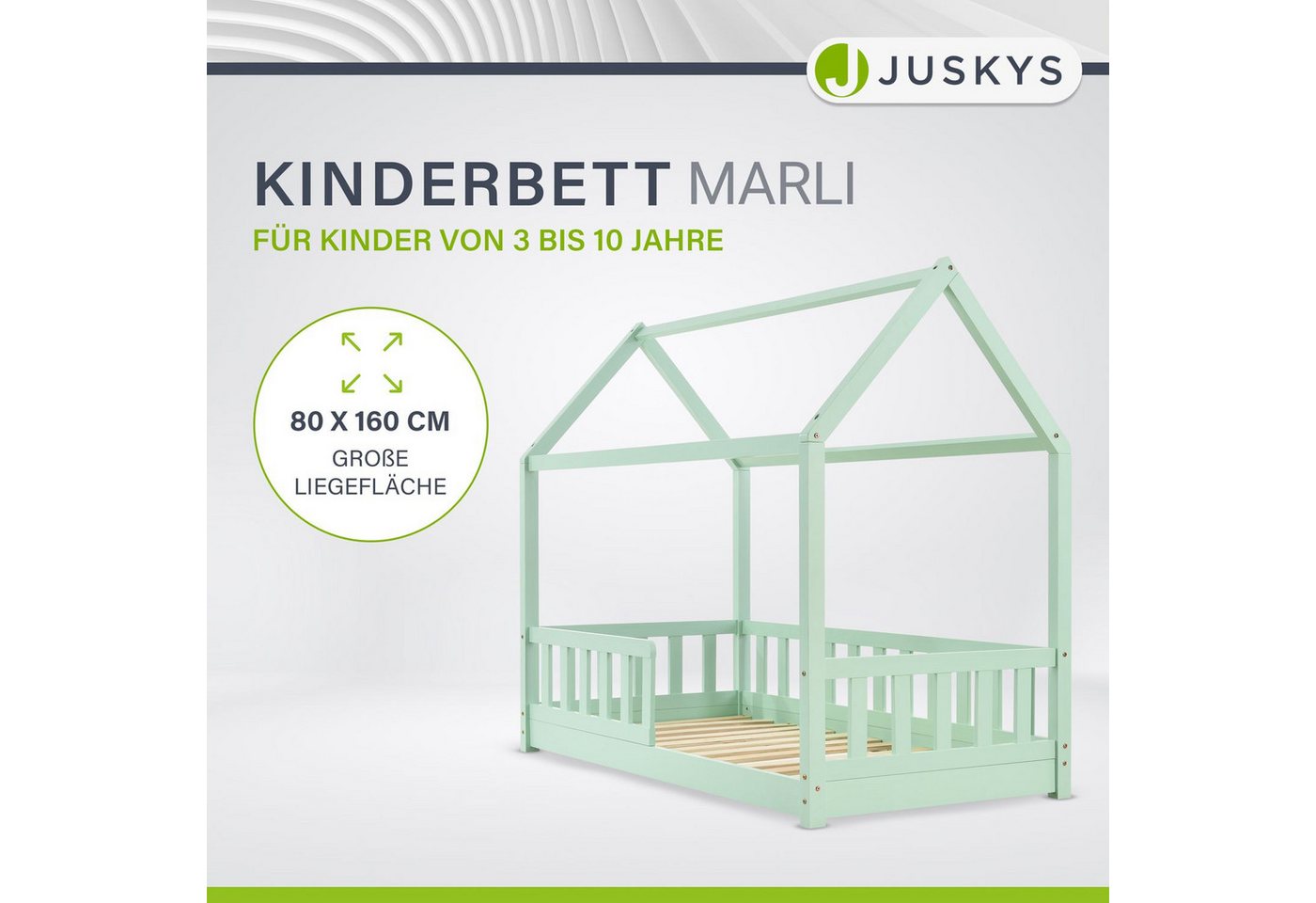 Juskys Kinderbett Marli, 80x160 cm, Hausoptik mit Dach, Holz, Rausfallschutz, 3 - 10 Jahren – Bild 2 von 5